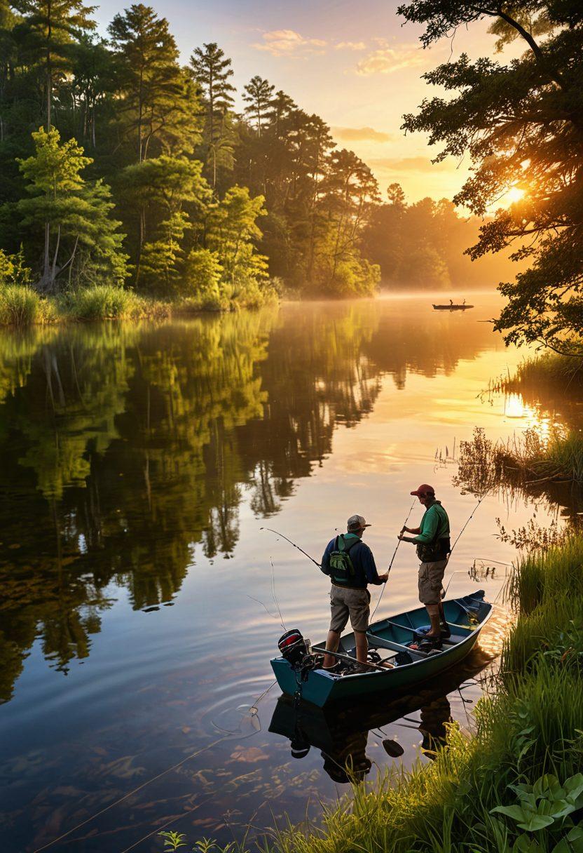 A tranquil lakeside scene featuring diverse anglers practicing sustainable fishing techniques, surrounded by lush greenery and wildlife. In the foreground, one angler is using biodegradable fishing gear, while another releases a fish back into the water. The background showcases a vibrant sunset over the water, symbolizing harmony between fishing and nature. Highlight elements of safety, such as life jackets and fishing nets, integrated with natural beauty. super-realistic. vibrant colors. 3D.
