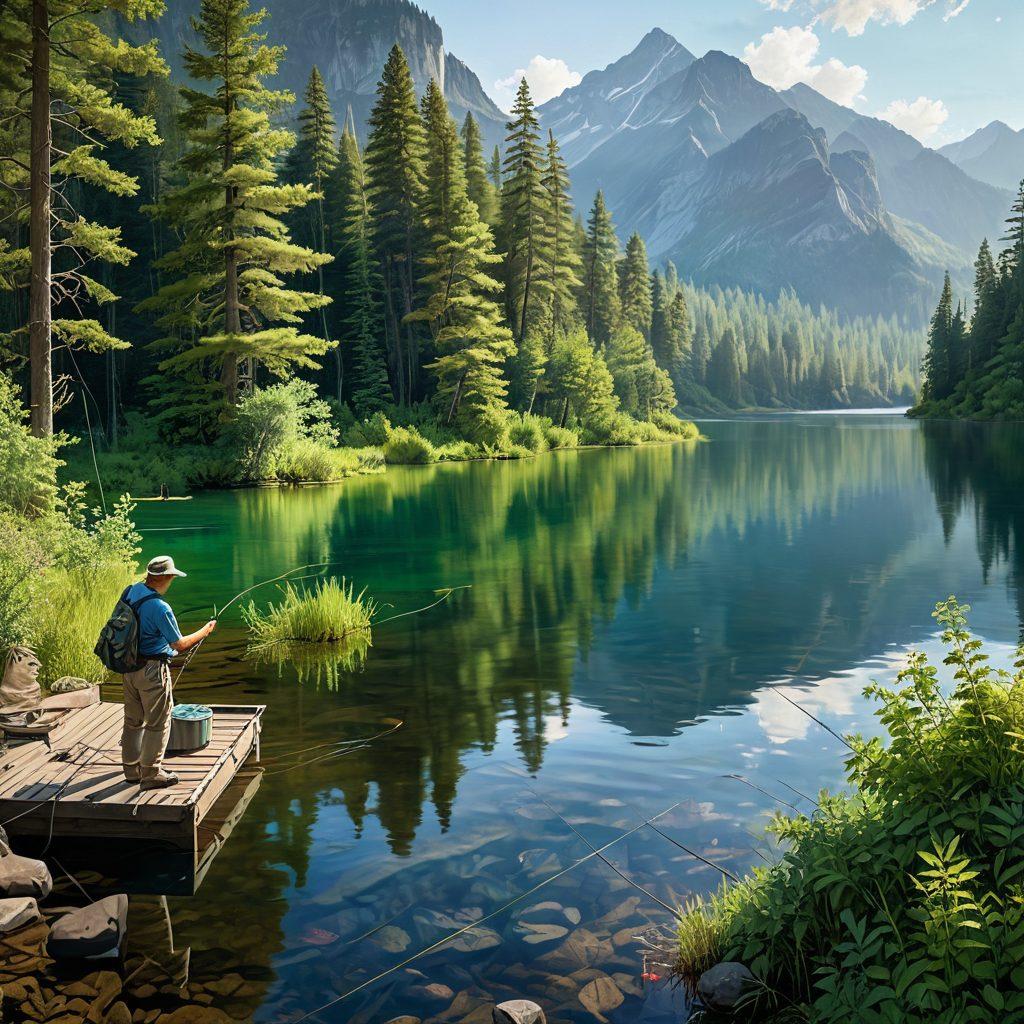 A serene lakeside scene showcasing an angler casting a fishing line, surrounded by lush greenery and mountains in the background. The foreground features various fishing gear, such as rods and bait boxes, illustrating both basic and advanced techniques. Sunlight glimmers on the water's surface, highlighting a peaceful atmosphere. Include educational elements like diagrams or fish species around the edges. painting. vibrant colors. natural scenery.