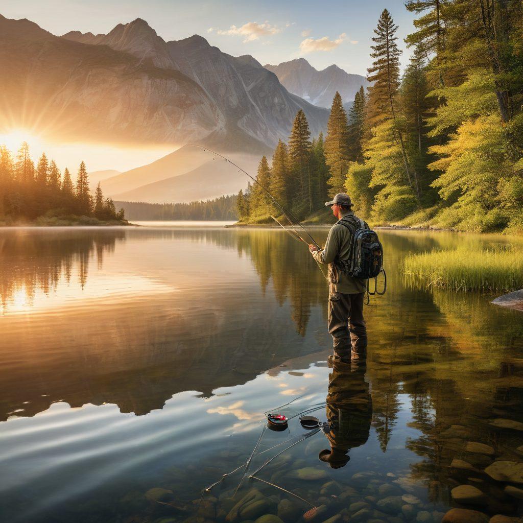 An expert angler standing on a serene lakeshore, casting a fishing line with sunlight reflecting off the water. Surrounding the angler are essential fishing gear, including a tackle box, various lures, and a fishing rod, with a backdrop of lush trees and mountains. Incorporate a colorful sunrise for an inspiring atmosphere, symbolizing the passion for fishing. super-realistic. vibrant colors. nature-inspired.